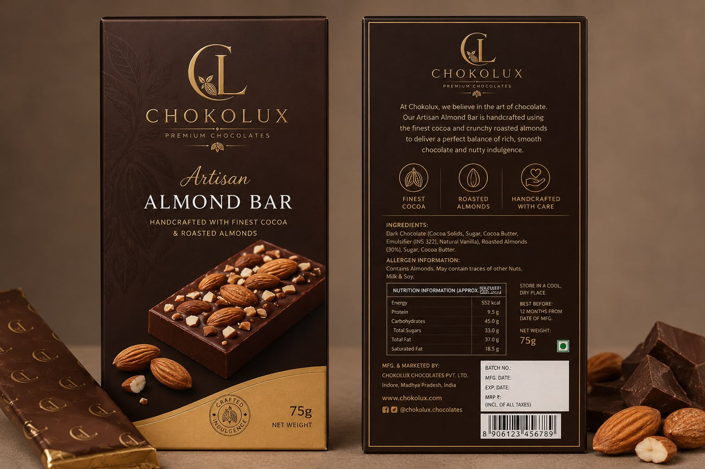 ChokoLux Artisan Almond Chocolate Bar – 70g