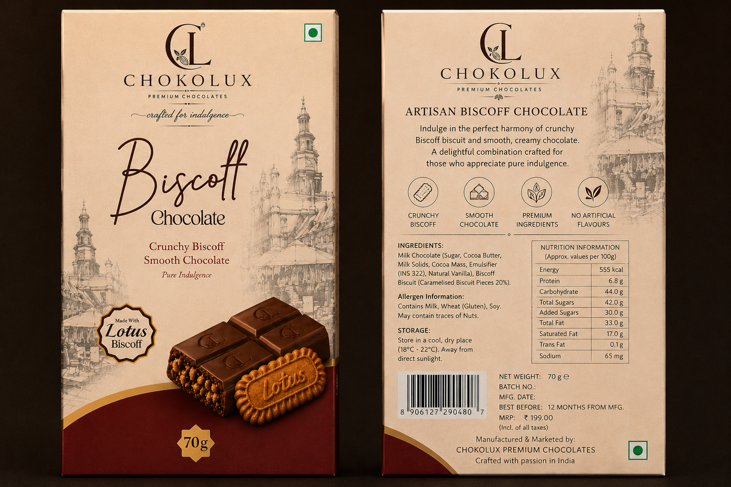 ChokoLux Artisan Biscoff Chocolate Bar – 70g